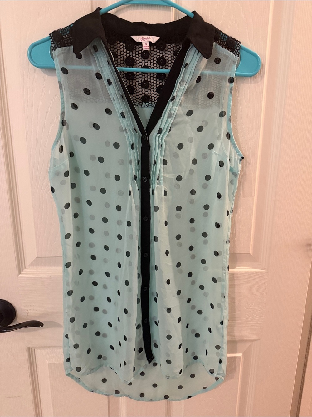 Candie's Mint Green Polka Dot Sleeveless Top with Black Trim